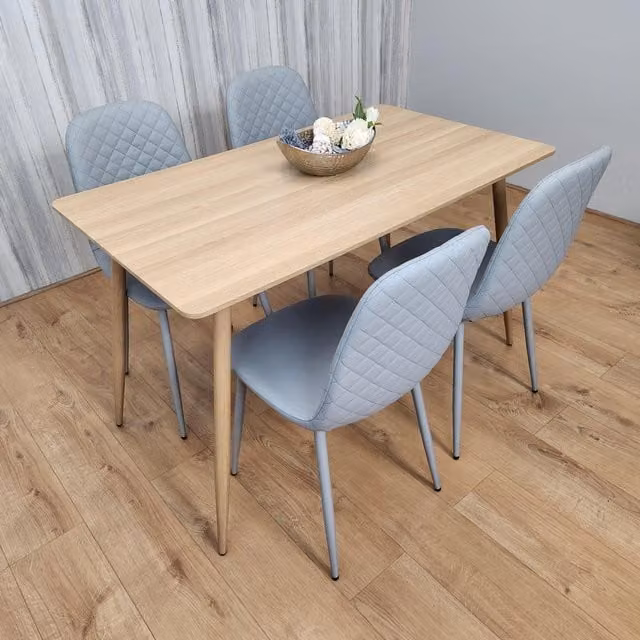 Kosy Koala Black Oak Effect Rectangular Dining Table and 4 Grey Faux Leather Padded Chairs Set