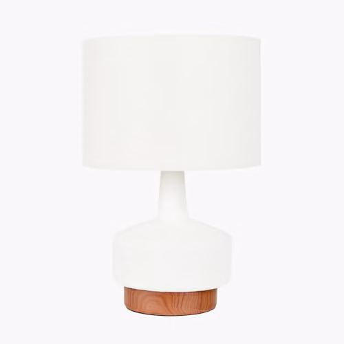 Pacific Lifestyle Ruma White Ceramic Table Lamp with Wood Effect Textured Base and Fabric Shade – 2
