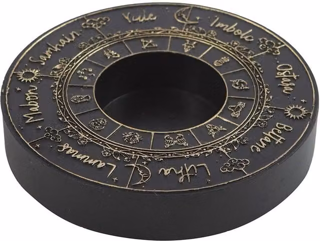 Kingsbury Gifts Wheel of the Year Tealight Candle Holder, Black Round Tabletop Design