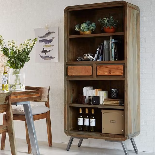 IH Design Retro Wood and Metal 2 Drawer Wide Bookcase in Brown