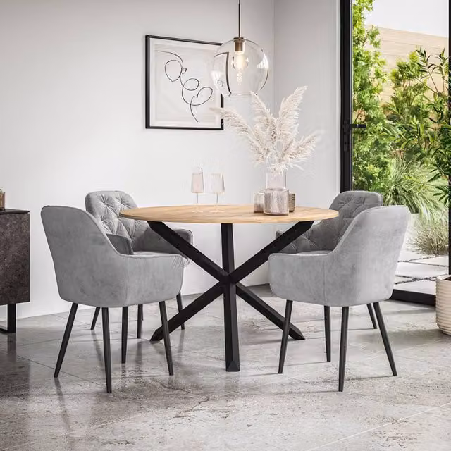 More4Homes Malvern Round Dining Table and Anika Grey Velvet Chair Set, Oak Top with Black Legs, Diameter: 120 cm, Height: 75 cm