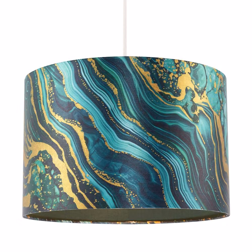 Happy Homewares Modern Green and Gold Satin Fabric Cylinder Lamp Shade with Wavy Marble Design, Diameter: 30 cm – 2