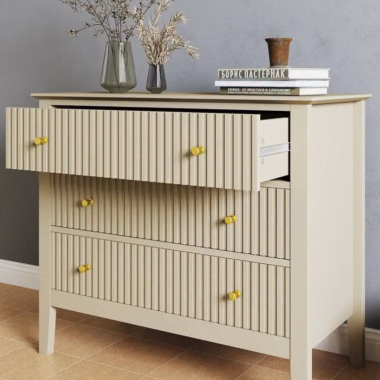 Melody Maison Hales Taupe Range Wide 3 Drawer Chest of Drawers and Pair of Large Bedside Tables in Beige