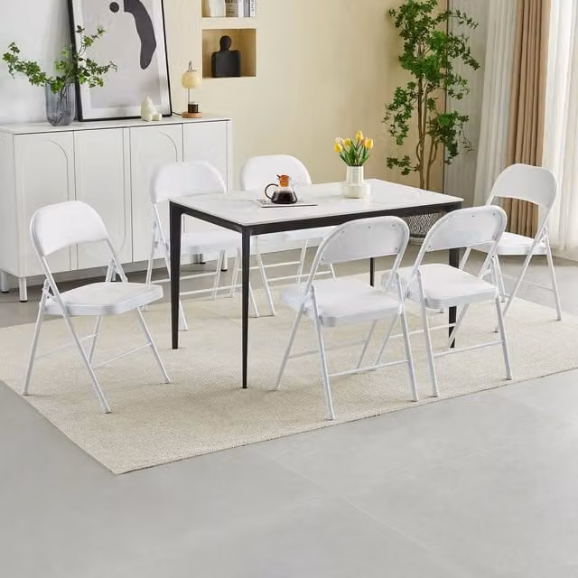 MCC Direct Set of 6 White Folding Dining Chairs with Metal Frame and Synthetic Leather Padded Seats – 1