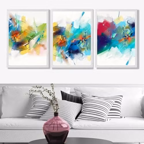ARTZE Set of 3 Abstract Multicolour Fractal Wall Art with White Frames, W: 53 cm x H: 73 cm – 1