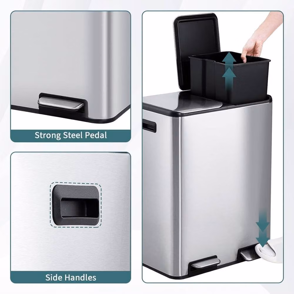 London Boutique 60L Stainless Steel Pedal Kitchen Recycling Bin with Soft-Close Lid and Removable Inner Bucket, Silver, H 66.5 x W 52.5 x D 30 cm – 5
