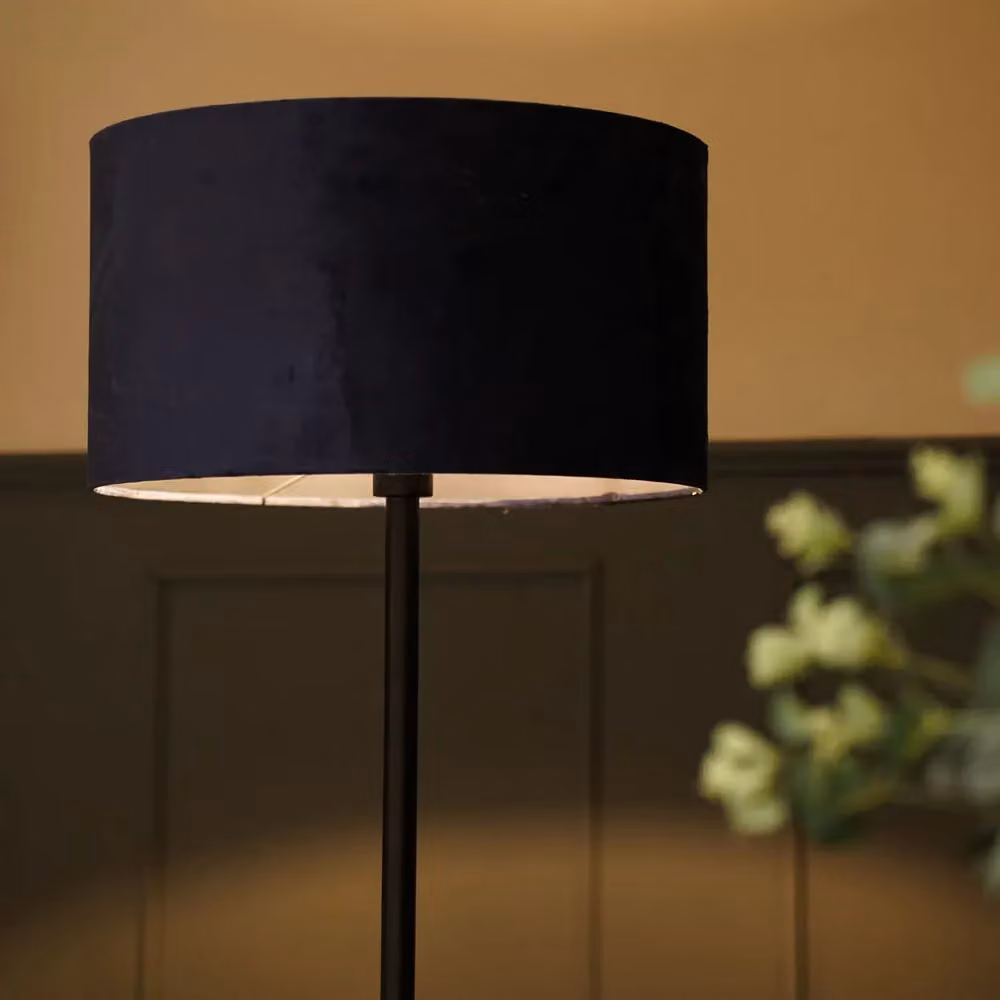 ValueLights Charlie Black Stem Floor Lamp with Blue Velvet Cylinder Shade – 3