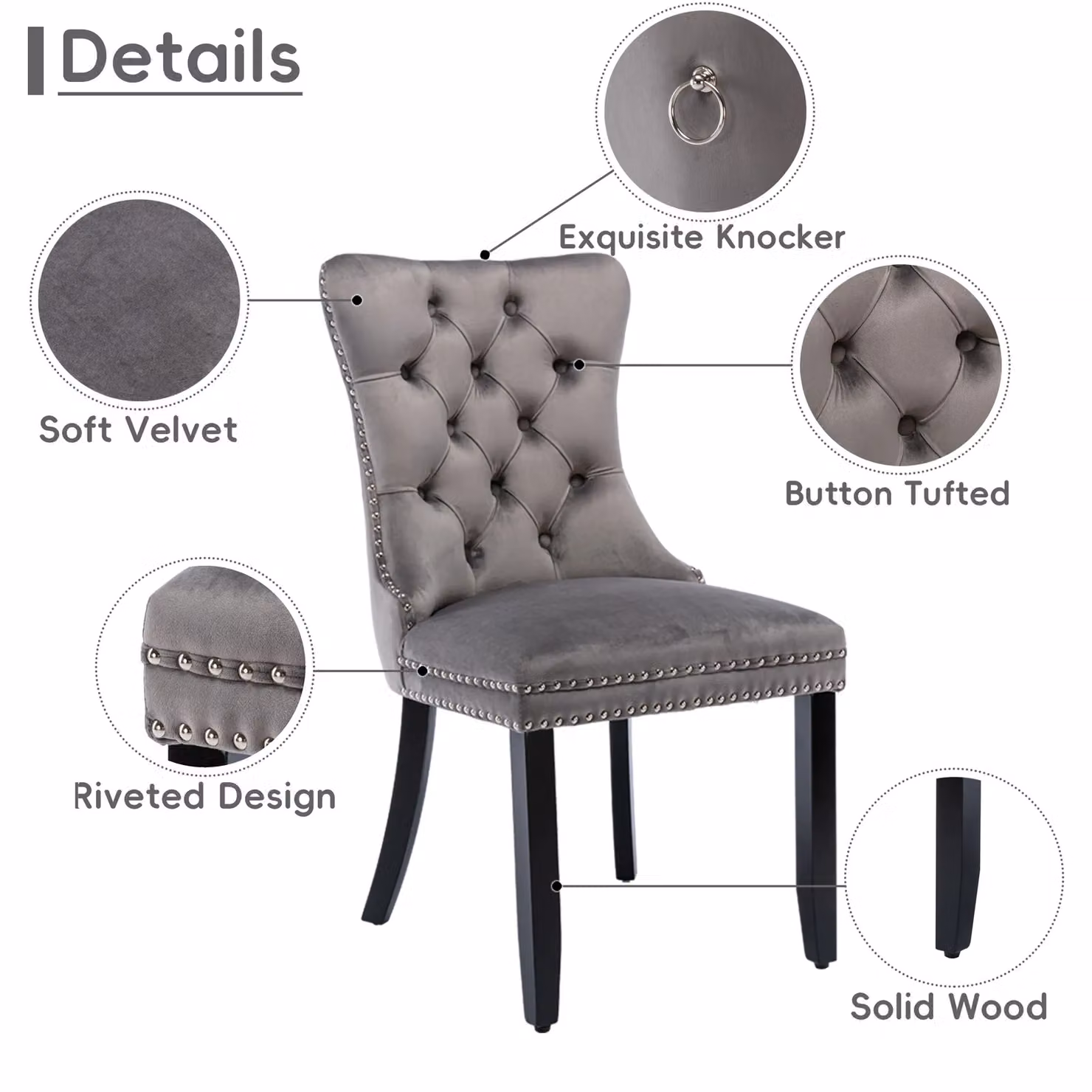 HomeTouch Taylor Set of 6 Grey Velvet Upholstered Kitchen Dining Chairs with Pull Knocker Back and Oak Wood Legs – 3