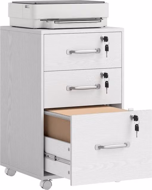 Rolipo 3-Drawer Wood Effect Filing Cabinet in White with Castors