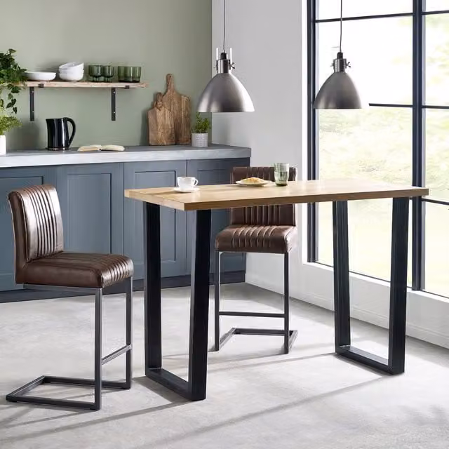 Julian Bowen Brooklyn Bar Table and 3 Bar Stools Set in Oak and Brown Industrial Wood and Metal