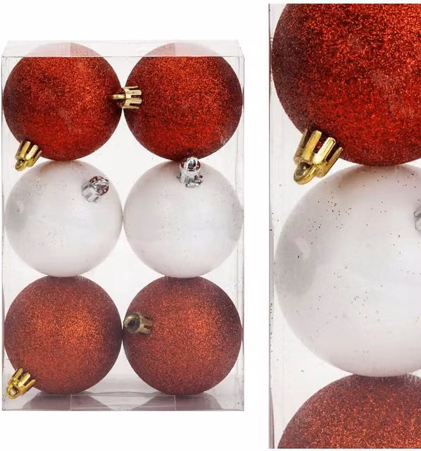 VFM e-Store Red, White and Gold Round Christmas Baubles, 6cm (6 Pack) – 1