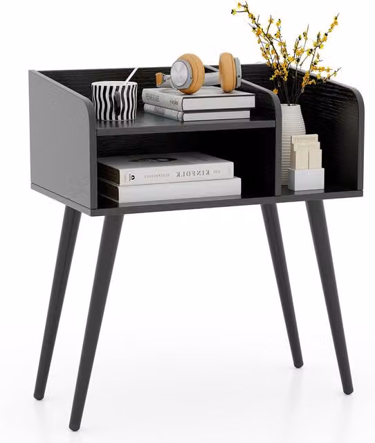 Gymax Modern Mid-Century Black 2-Tier Bedside Table with Open Shelves – 1