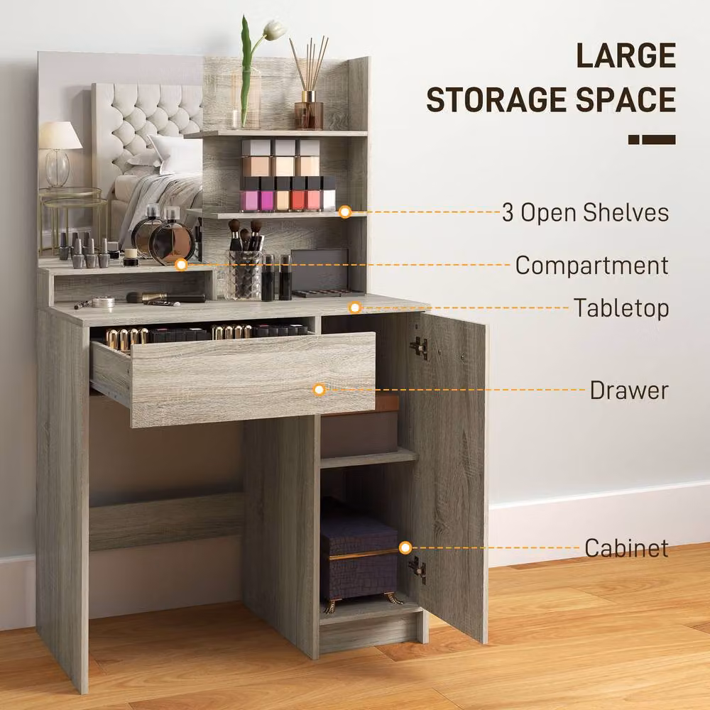 STILVORA Modern Dressing Table and Stool Set with Storage in Sand and Brown – 3