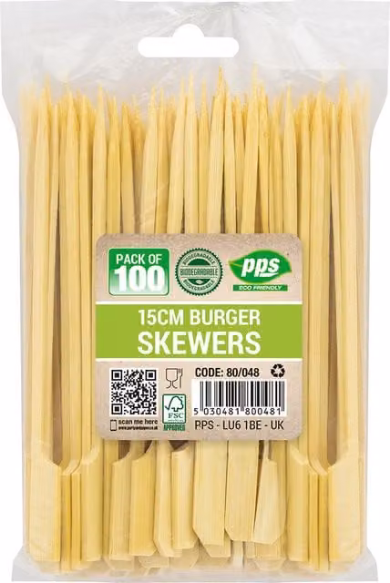 PPS ECO 100 Pack of Bamboo Flat Paddle Burger Skewers, 15 cm