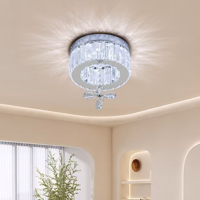 Livingandhome Round Crystal LED Pendant Ceiling Light in White and Chrome with Cool White Light