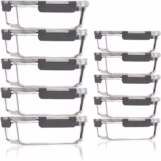 Dyzi 10 Pack Glass Food Storage Containers with Airtight Leakproof Locking Lids, 7.05L Set, Grey