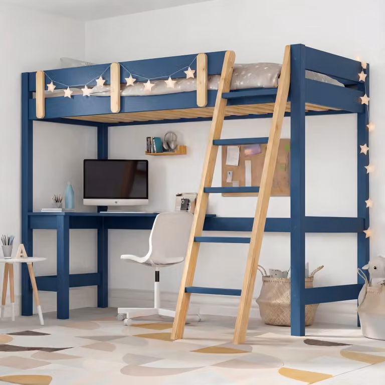 DHS Blue and Pine Solid Wood High Sleeper Loft Bed Frame with Desk for Children H 180.5 x W 159 cm x D 159 cm