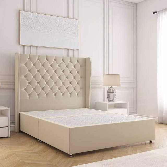 BSSPOKE Amelia King Size Divan Bed Set with 54 inch Plush Velvet Headboard in Beige, W/D/H: 180 x 200 cm