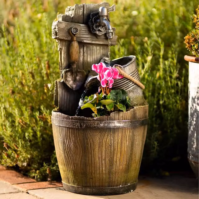 Primrose Rustic Tap Bucket and Barrel Cascade Water Feature and Planter with Lights in White and Brown
