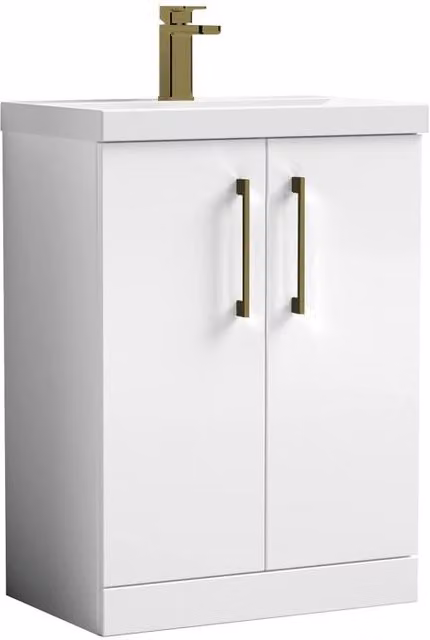 Balterley Gloss White 2-Door Bathroom Floor Vanity Unit with Basin and Soft Close Doors, Width: 61 cm