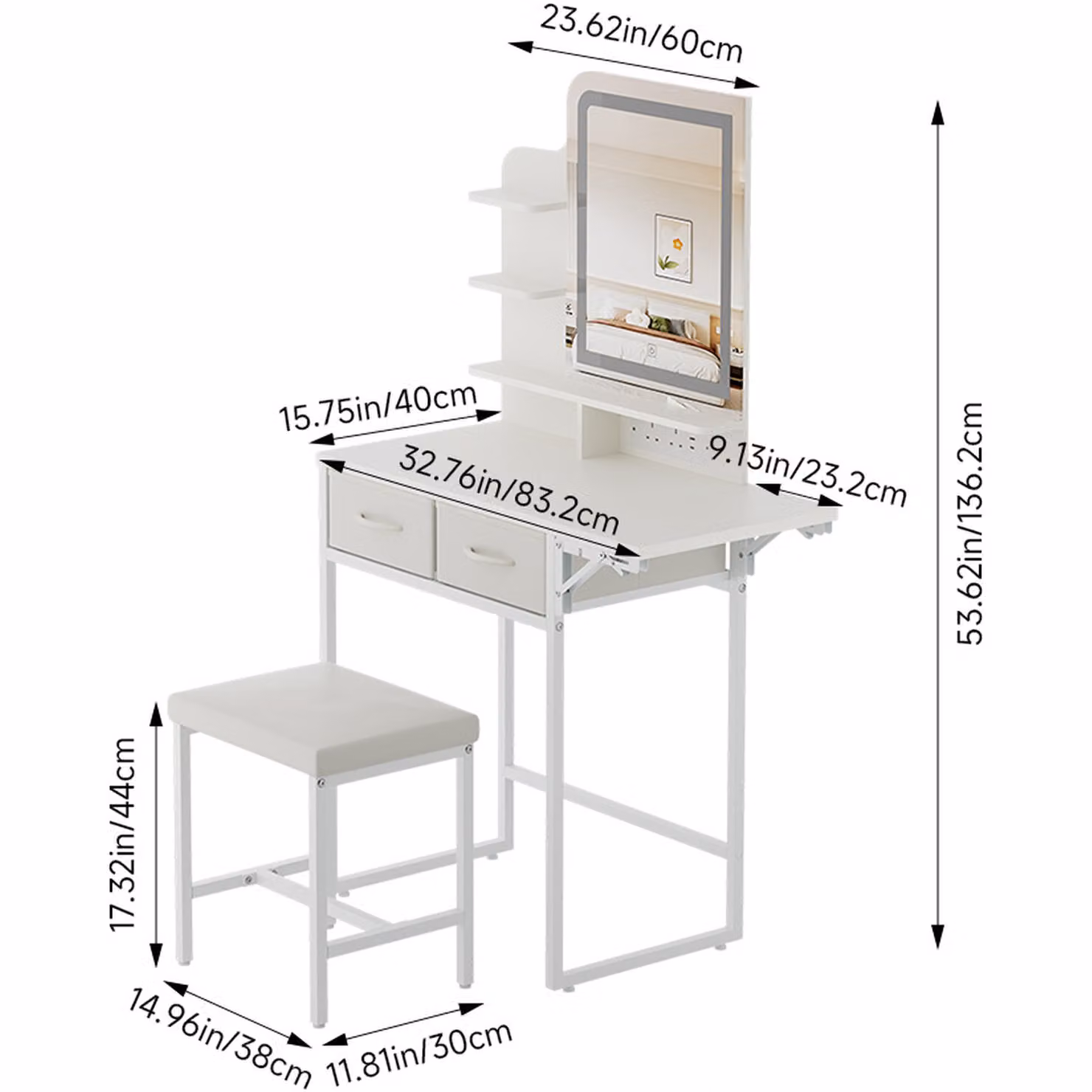 Livingandhome Modern White LED Mirror Dressing Table and Stool Set with Hollywood LED Lighting and Power Strip – 2