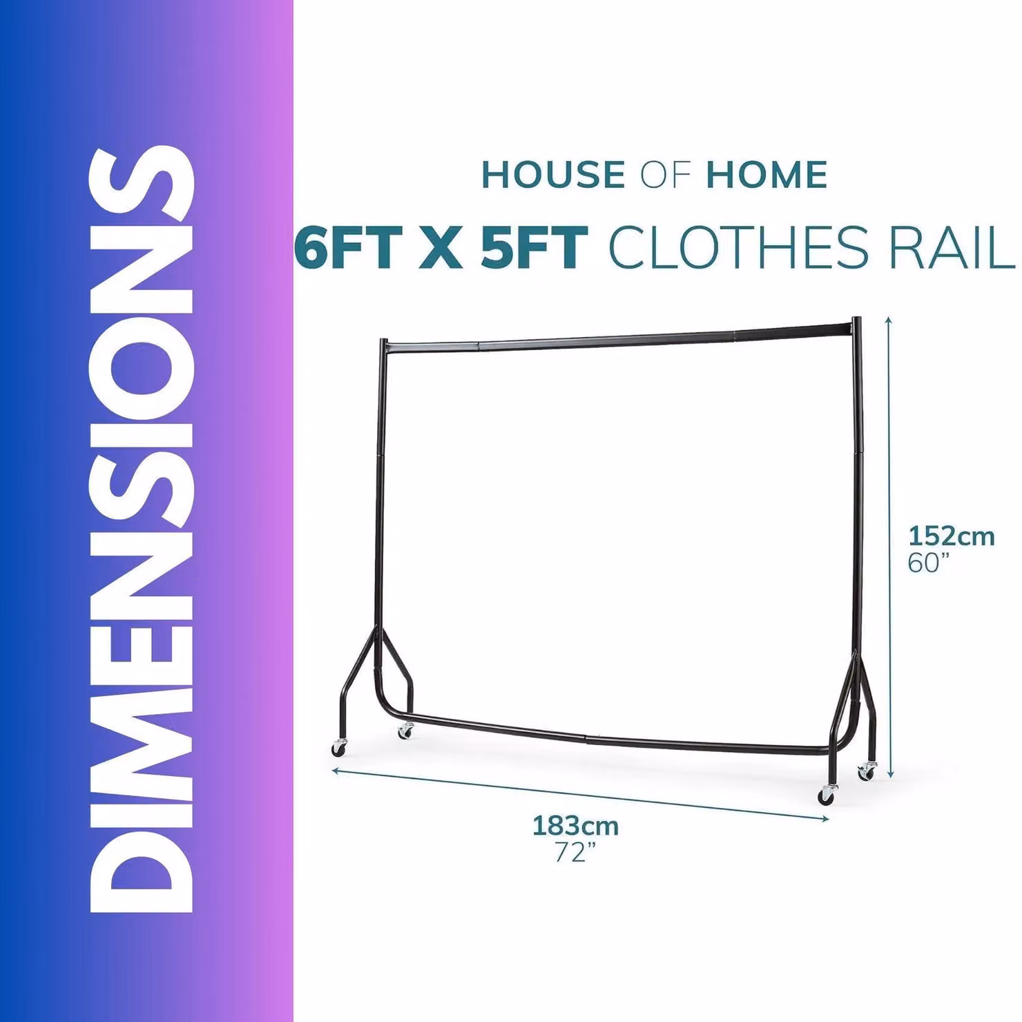 FURNOS Heavy Duty Metal Clothing Rail in Matt Black, H 183 x W 152 x D 95 cm – 2