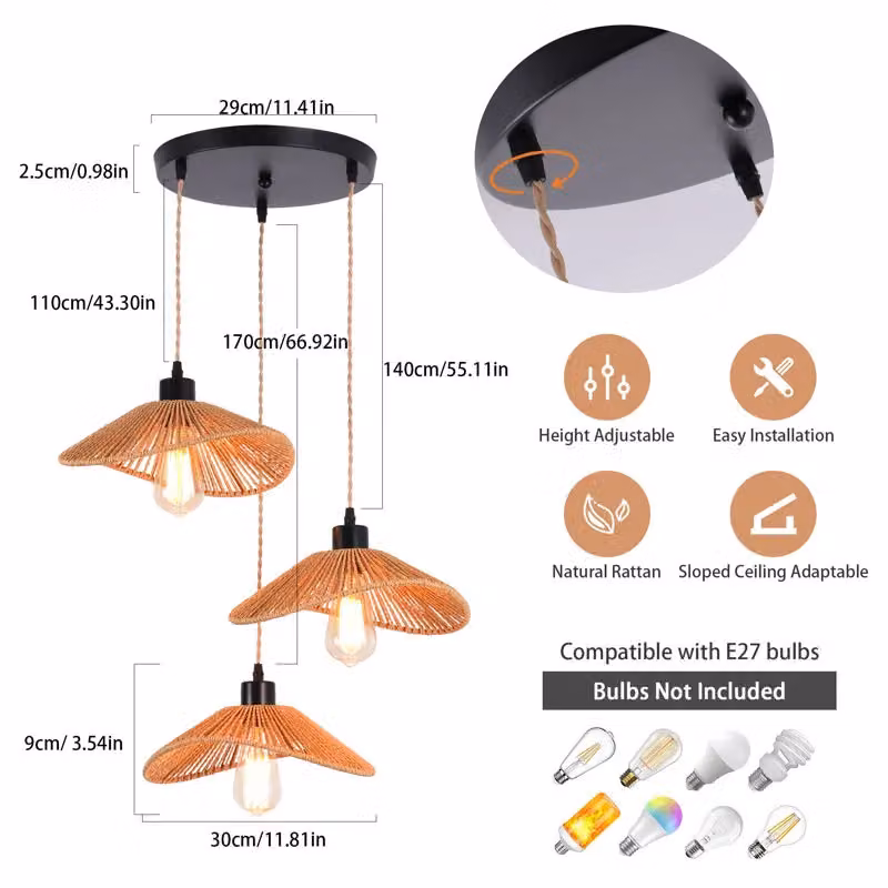 Garwarm 3-Light Rattan Farmhouse Boho Cluster Pendant Light in Bronze – 2