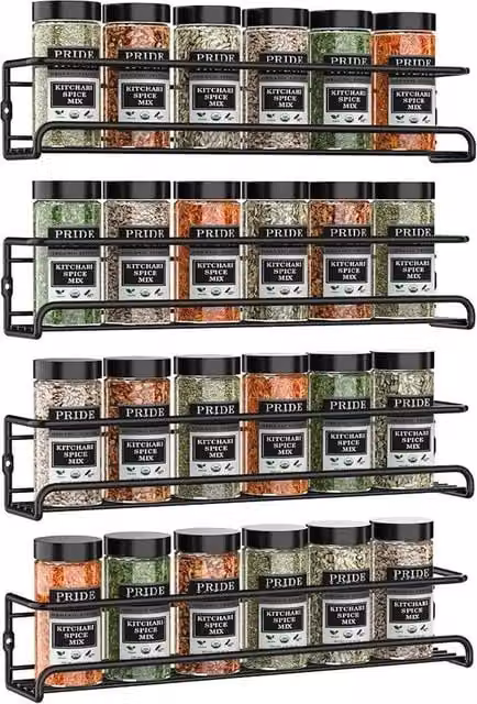 KORVIXA 4-Piece Black Metal Wall-Mounted Spice and Herb Jar Rack Holder – 1