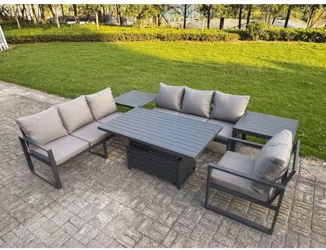 Fimous 7-Seater Aluminum Sofa Dining Set with Lifting Table and 2 Side Tables in Dark Grey – 1