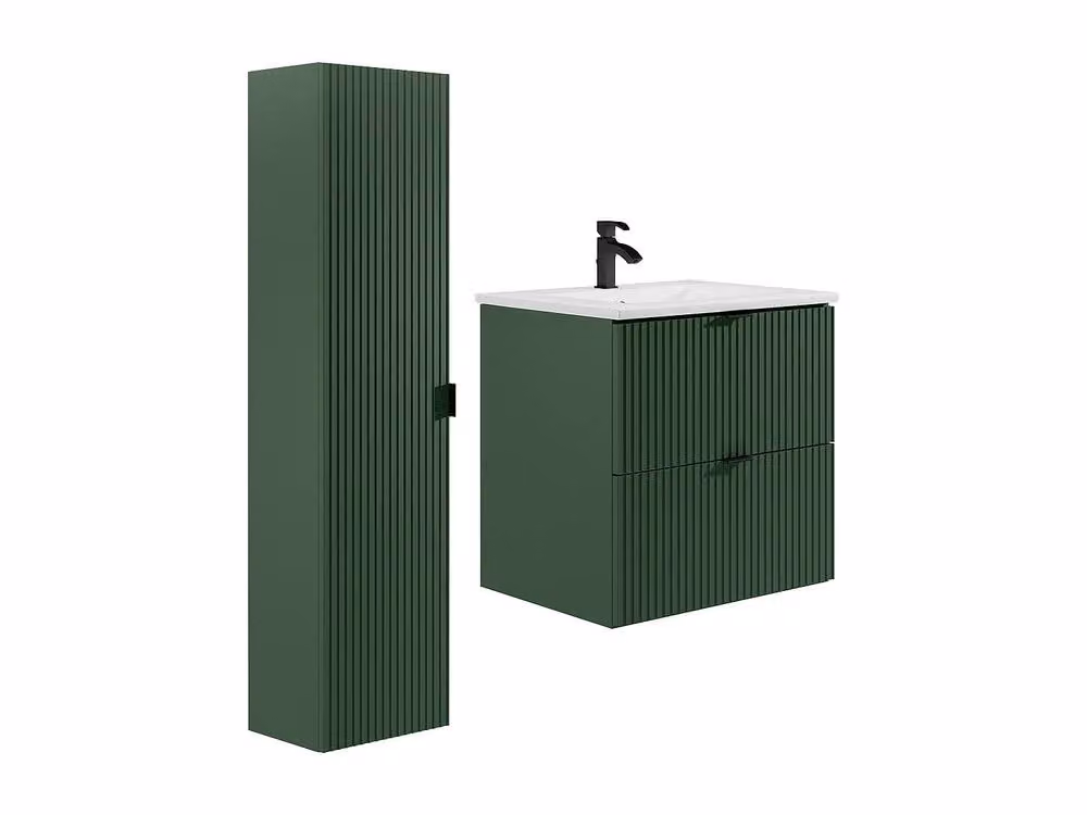 ZEVINI Green and White Striped Wall Mounted Bathroom Vanity Unit and Tall Cabinet Set – 2