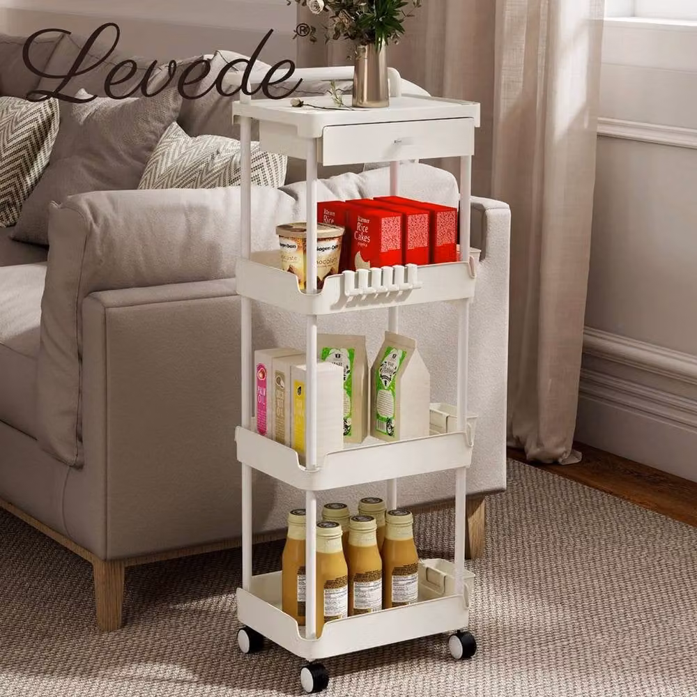 VOGREX 4-Tier Rolling Storage Trolley Rack in White, W/D/H: 33.0 x 37.0 x 104.4 cm – 4