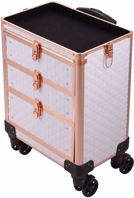VOGREX 5 in 1 Beauty Trolley with 3 Drawers for Makeup and Nail Storage, Gold, White and Multicolour