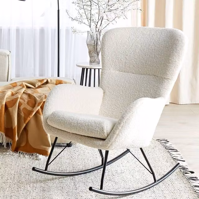 Wyld and Coco Beige Bouclé Rocking Chair with Black Metal Frame and Armrests