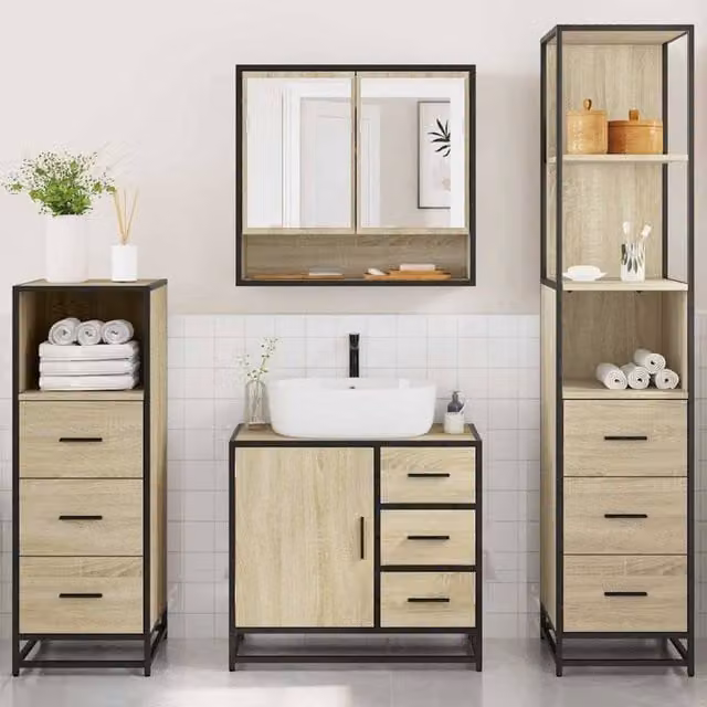 Berkfield Home 4-Piece Bathroom Furniture Set in Sonoma Oak and Beige – 1