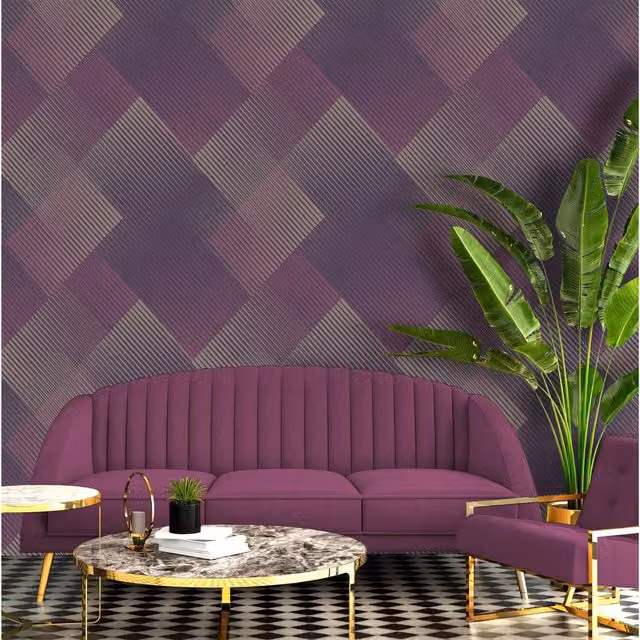 Belgravia Decor Geometric Hoxton Metallic Wallpaper in Purple and Silver