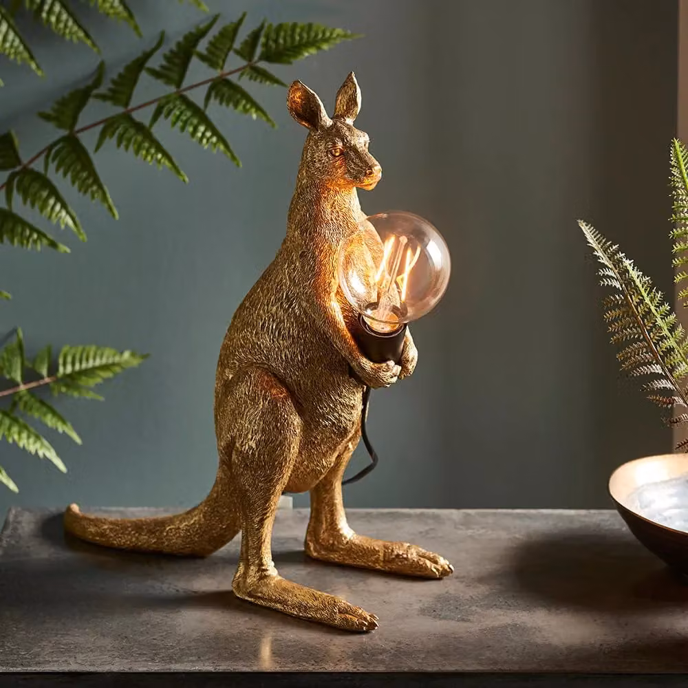 Loops 2 Pack Vintage Gold Kangaroo Table Lamps with Resin Figure and Matt Black Holder – 2