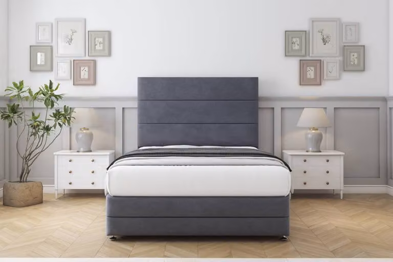 Sloomy Monaco Plush Divan Set in Dark Grey with 26 inch Headboard and Footboard, Double Size, W/D/H: 140 x 200 cm