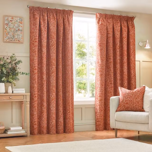 Grantley Jacquard Floral Pencil Pleat Curtains in Red and Orange, Width: 183 cm, Height: 229 cm
