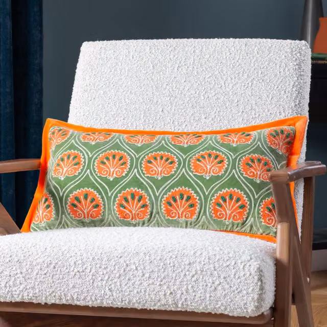 Paoletti Casa Floral Embroidered Rectangular Cushion in Green and Orange – 1