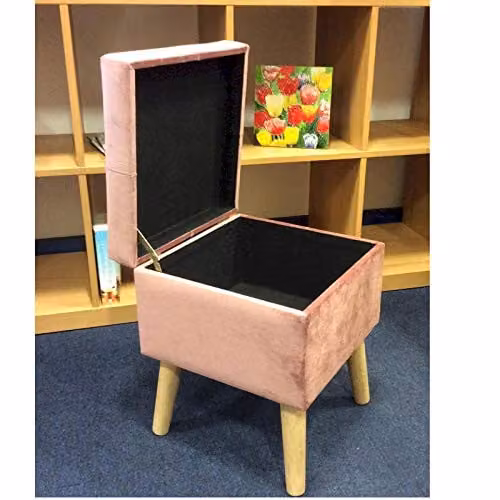 M S L Pink Velvet Storage Stool with Wood Frame, W/D/H: 33 x 33 x 42 cm – 4