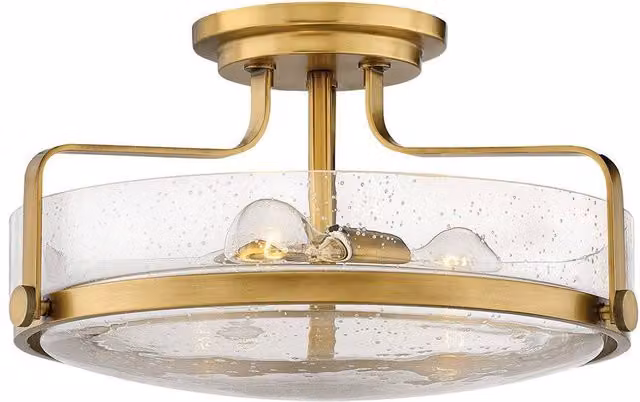 Netlighting Harper 3 Light Bowl Semi Flush Ceiling Light in Heritage Brass and Yellow Glass