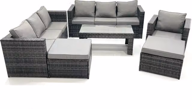 Fimous 9 Seater Rattan Garden Furniture Set in Dark Grey with 3 Seater Sofa, Coffee Table and 2 Ottomans – 1