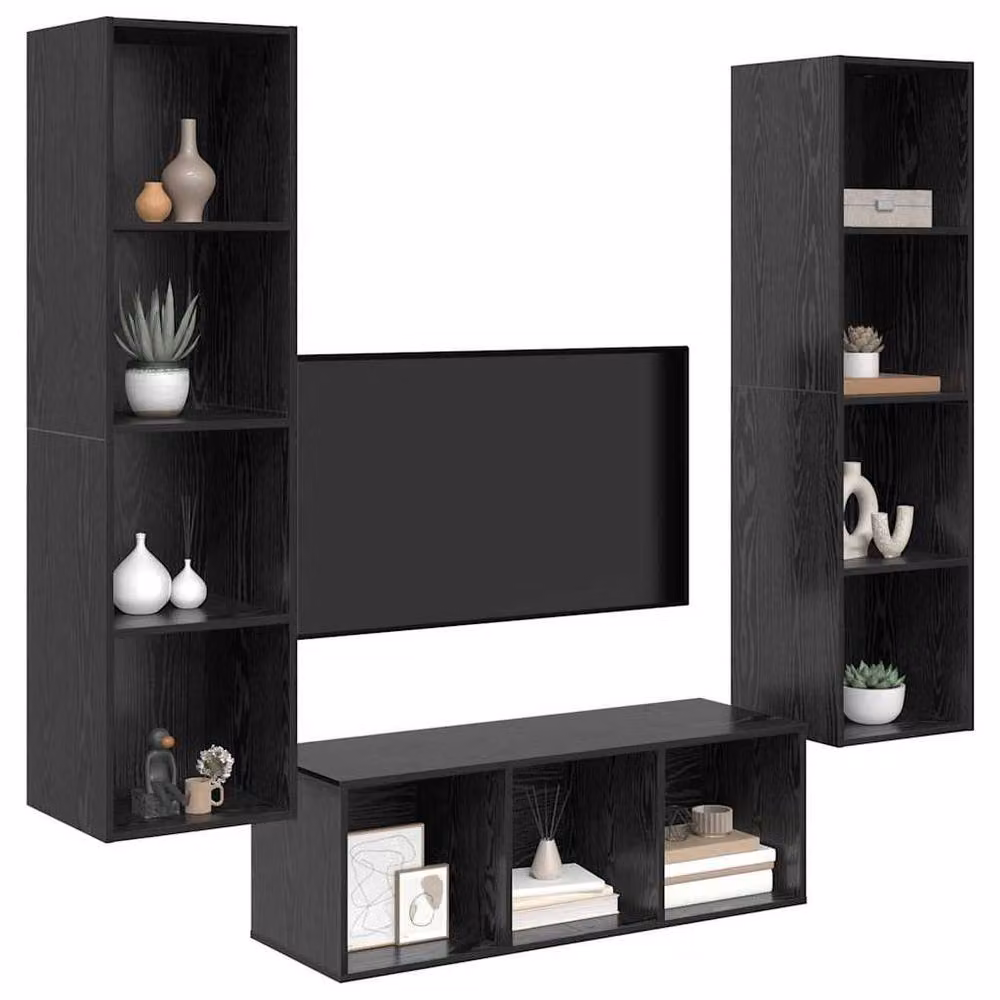 Berkfield Home Modern 3-Piece Wall-Mounted TV Cabinet Set with Shelving in Matt Black – 3