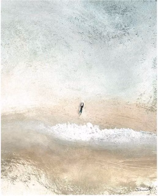 Dan Hobday Lone Surfer Multicolour Abstract Nature Canvas Print in Grey
