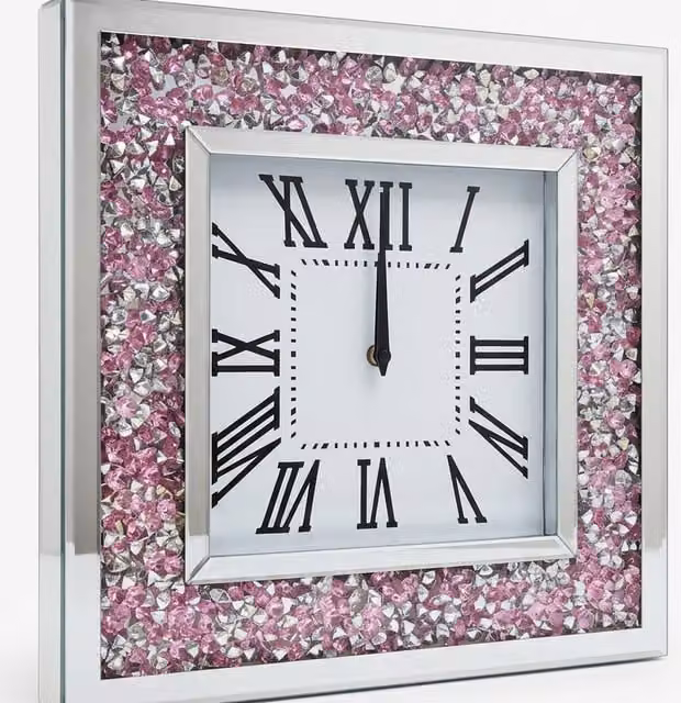 DEENZ Pink and Silver Crushed Crystal Square Wall Clock with Silent Quartz Movement, Diameter: 40 cm
