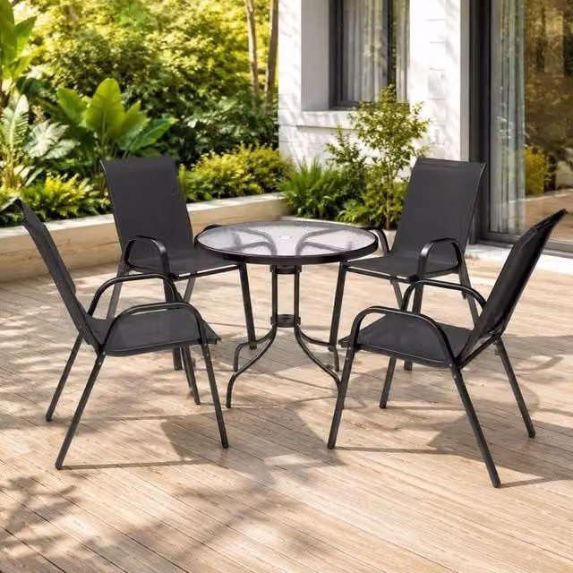 STILVORA Modern Round Garden Dining Set with Matt Black Powder Coated Steel Frame and Glass Table – 1