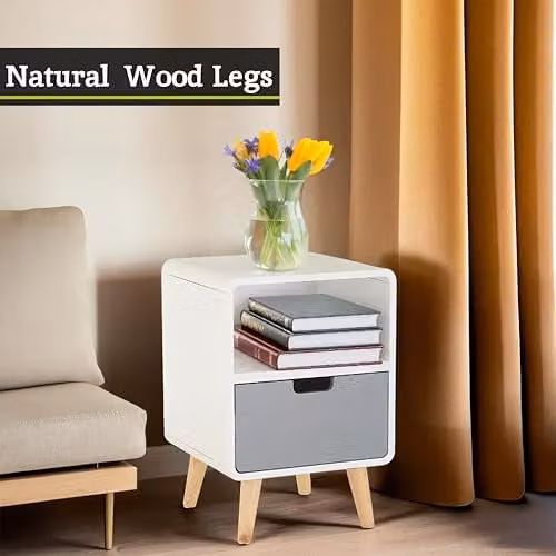 Orsina Modern 1 Drawer Cabinet in White and Grey with Pine Wood Legs – 6