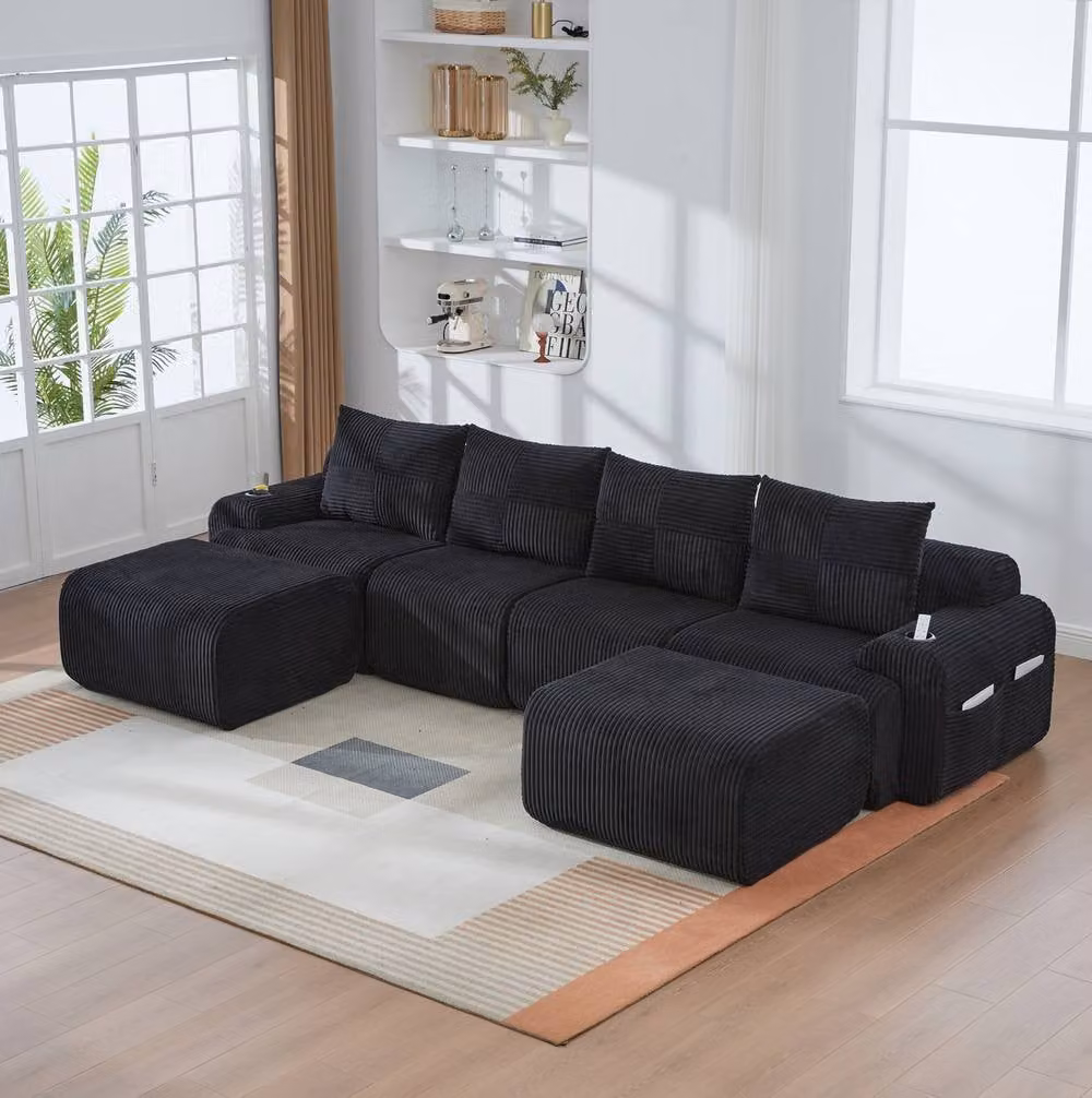 STILVORA 4-Seater Modular L-Shape Sofa with Cup Holders and Upholstered Frame in Black – 2
