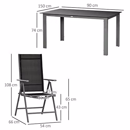 Outsunny 7 Piece Garden Dining Set with Tempered Glass Table and 6 Reclining Chairs in Black – 5