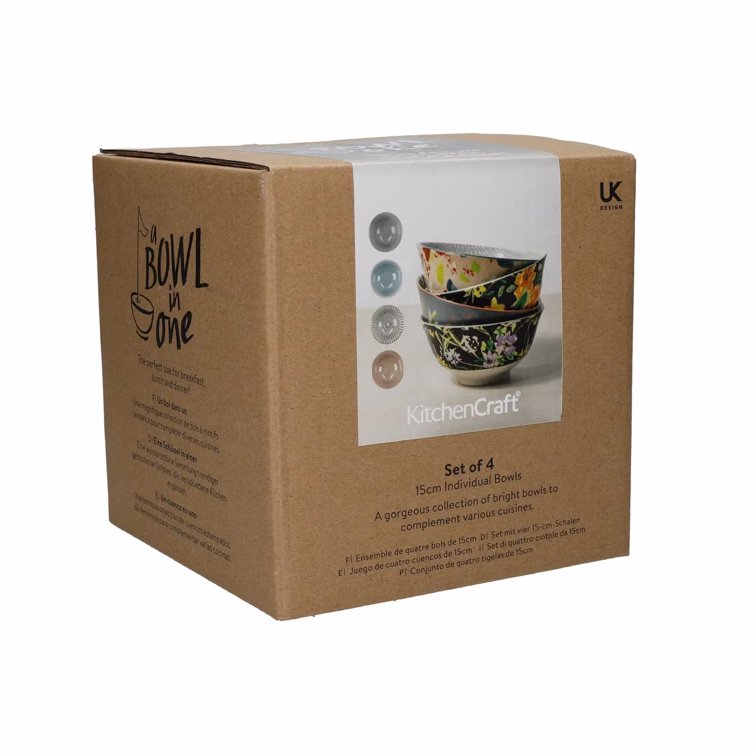 KitchenCraft 4pc Multicolour Ceramic Cereal Bowl Set with Floral Design, Diameter: 15.5 cm – 3